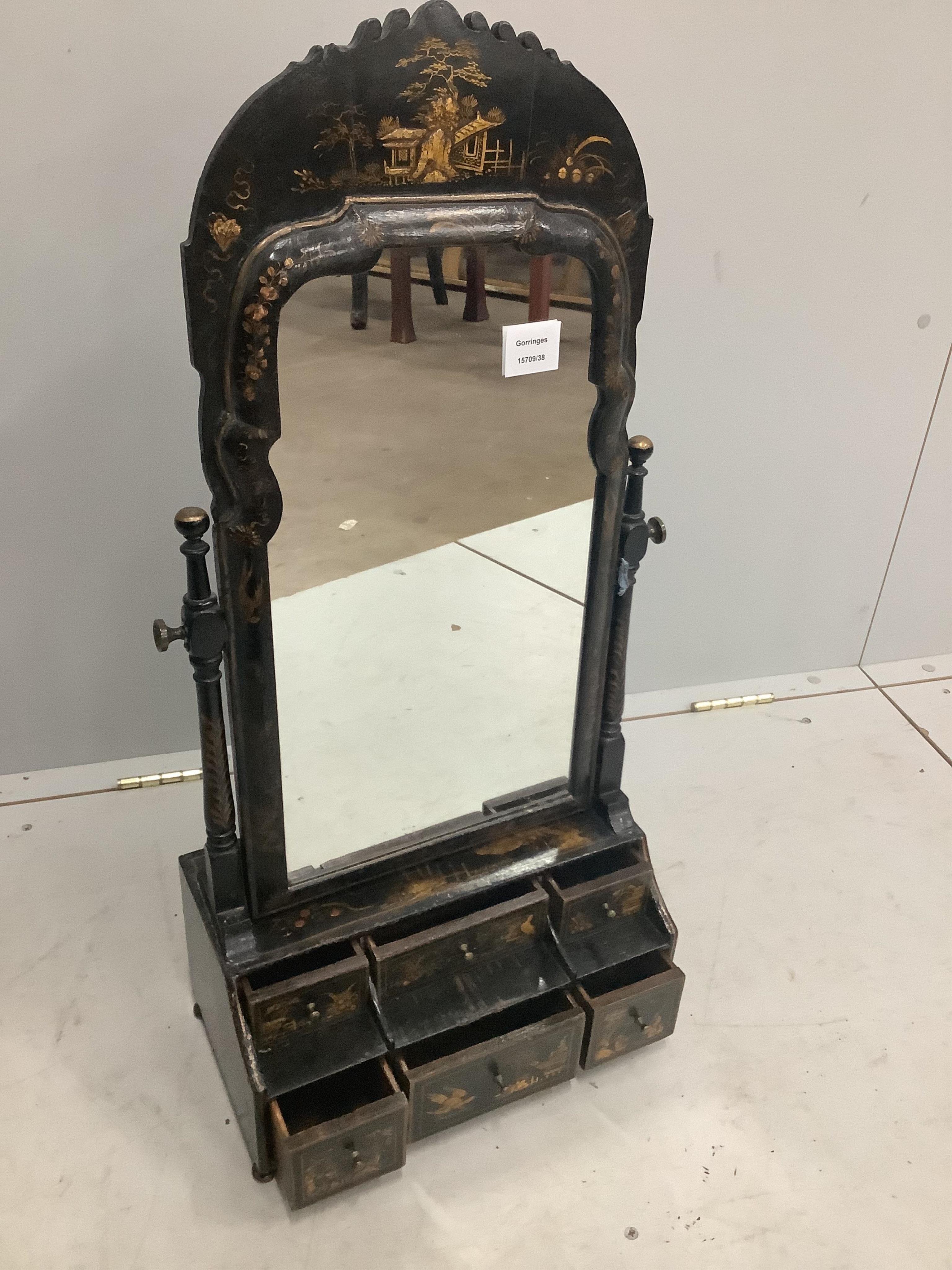 A Queen Anne chinoiserie japanned pine toilet mirror, with six drawer base, width 36cm, height 78cm. Purchased from The Antique Home, Kensington Church St., London, 10th September 1969 for £165. Condition - fair to good